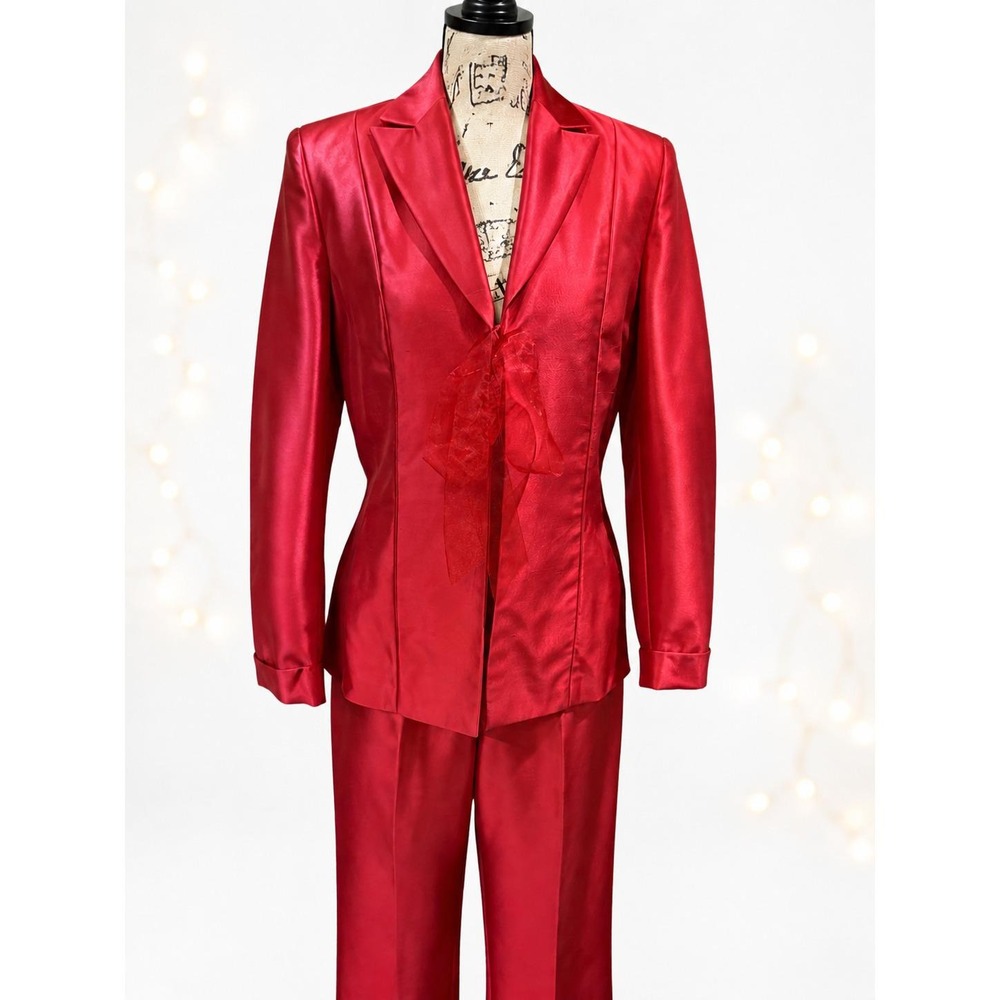 Vintage Dana Buchman 100% Silk Suit Set Red Blazer 6 Pants 4 Sheer Bows NWT